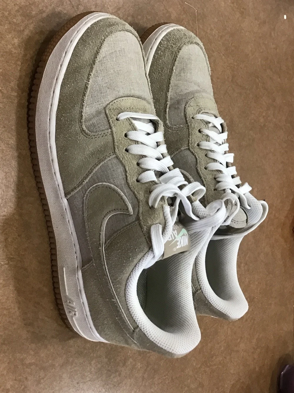 Nike Air Force 1 ‘07’ Low-Top Khaki Canvas, White & Gum Sole Women’s 8.5
